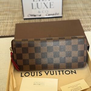 Louis Vuitton Brown Damier Ebene Clemence Zip Wallet with Red Pull Tab